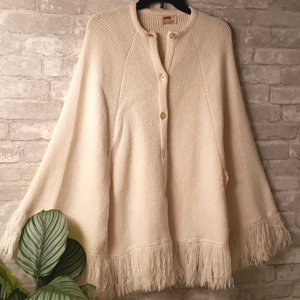 Vintage Fringe Button Down Poncho Arm/Hand Holes